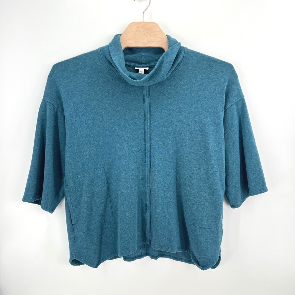 Pure Jill Cowl Neck Tunic Size M Petite Soft Knit Teal Boxy Lagenlook Pocket Top